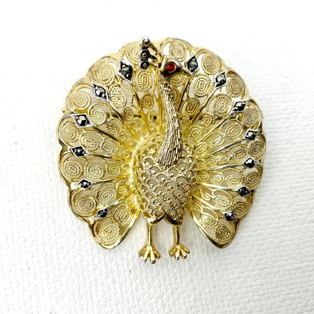 Vintage Alice Caviness Sterling Silver Filigree Marcasite Peacock Brooch Pin